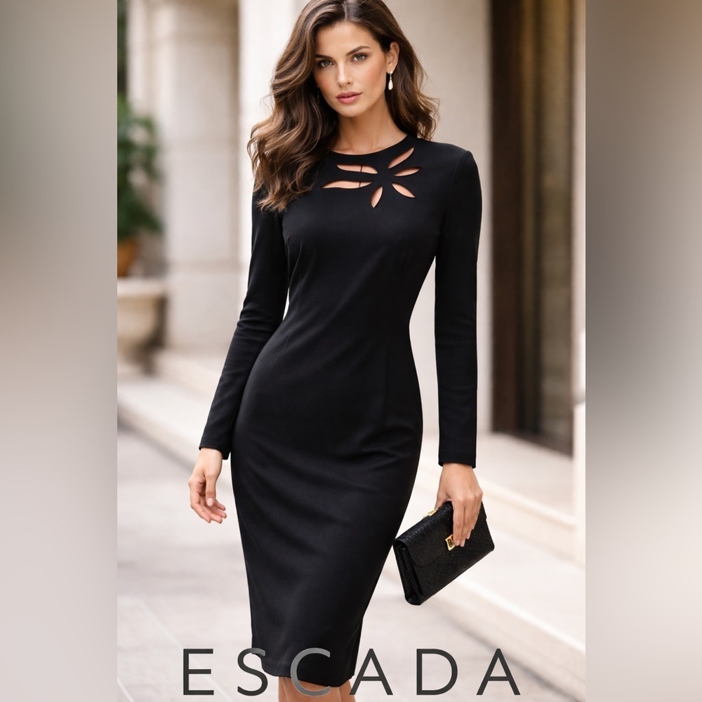 Escada “Midnight Blossom” Elegant Sheath Dress w Signature Floral Cut-Out NWOT